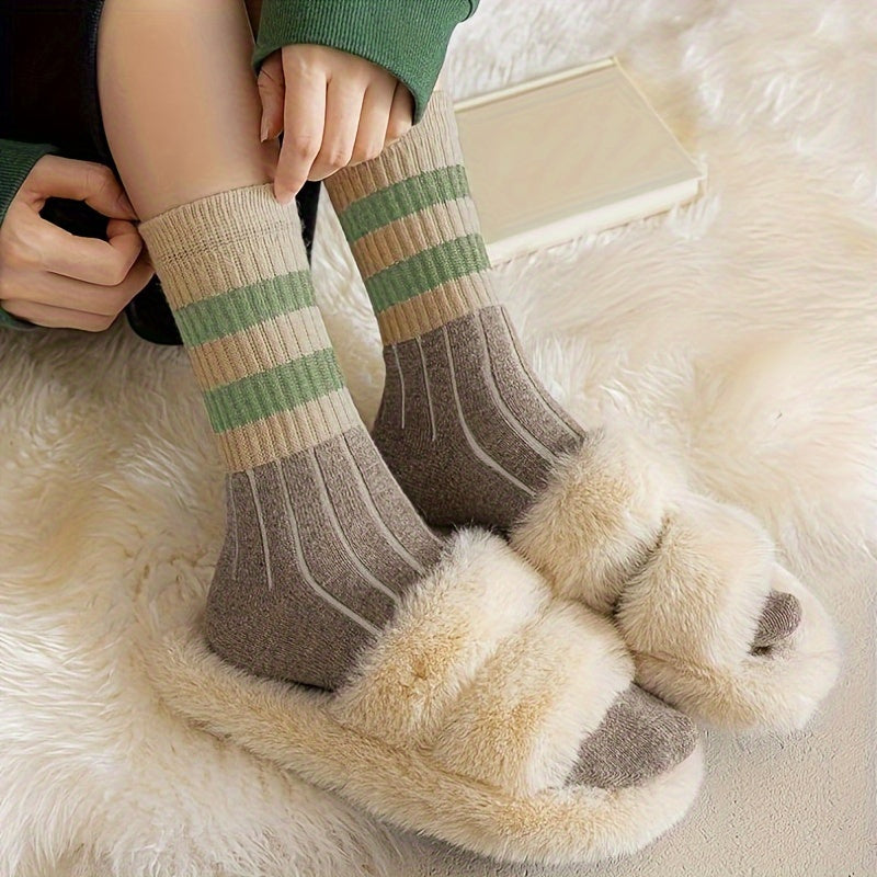 5 Pairs Striped Crew Socks Mid Tube Soft Stockings Women's Hosiery