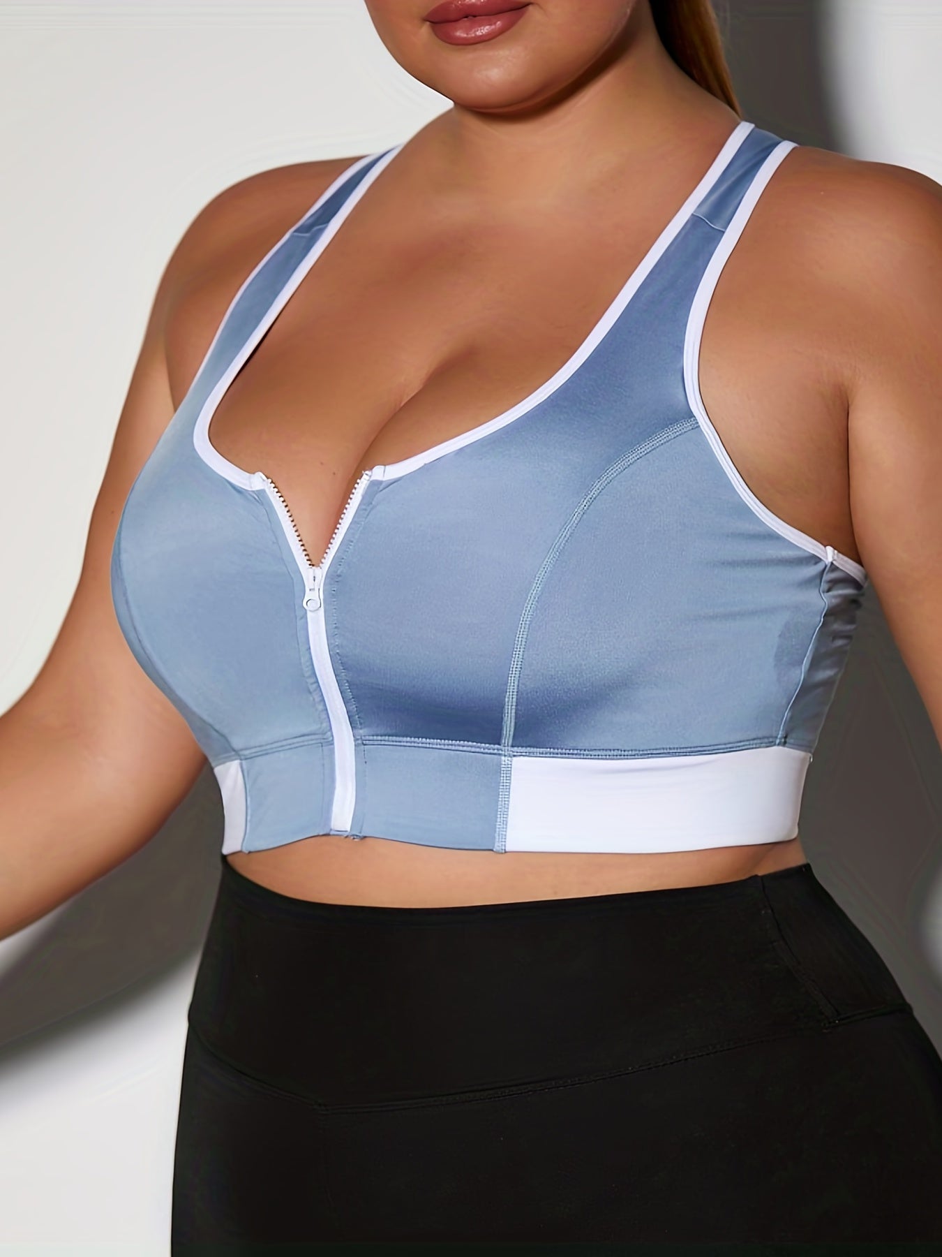  Colorblock Zipper High Stretch Sporty Bra