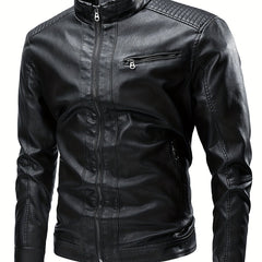 Men's Vintage PU Leather Jacket Stand Collar Zip Up Faux Leather Jacket