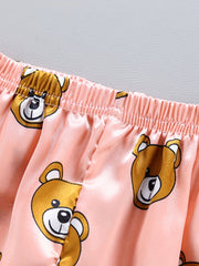 Bear Pattern Girl's Satin Pajamas Button Front Top & Shorts Set
