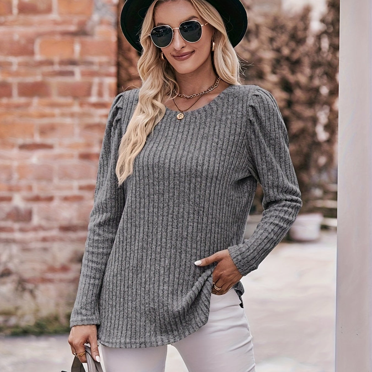 Casual Sweater Solid Ribbed Lantern Sleeve Round Neck Knit Top