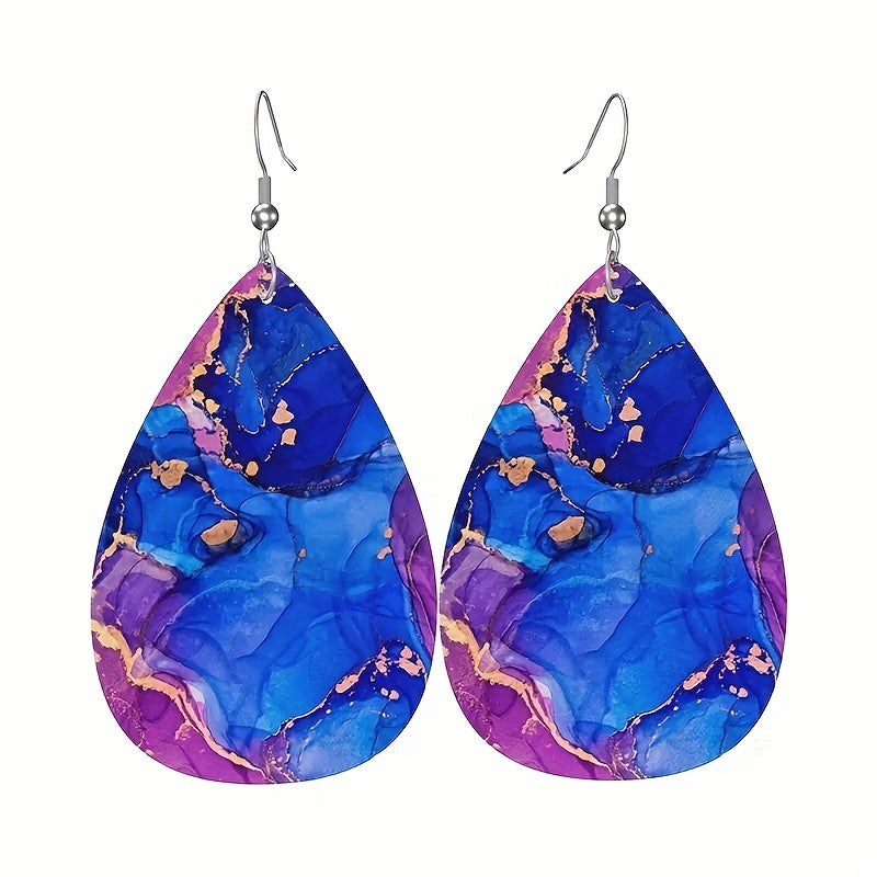 Purple Pattern Teardrop Dangle Earrings PU Leather Jewelry