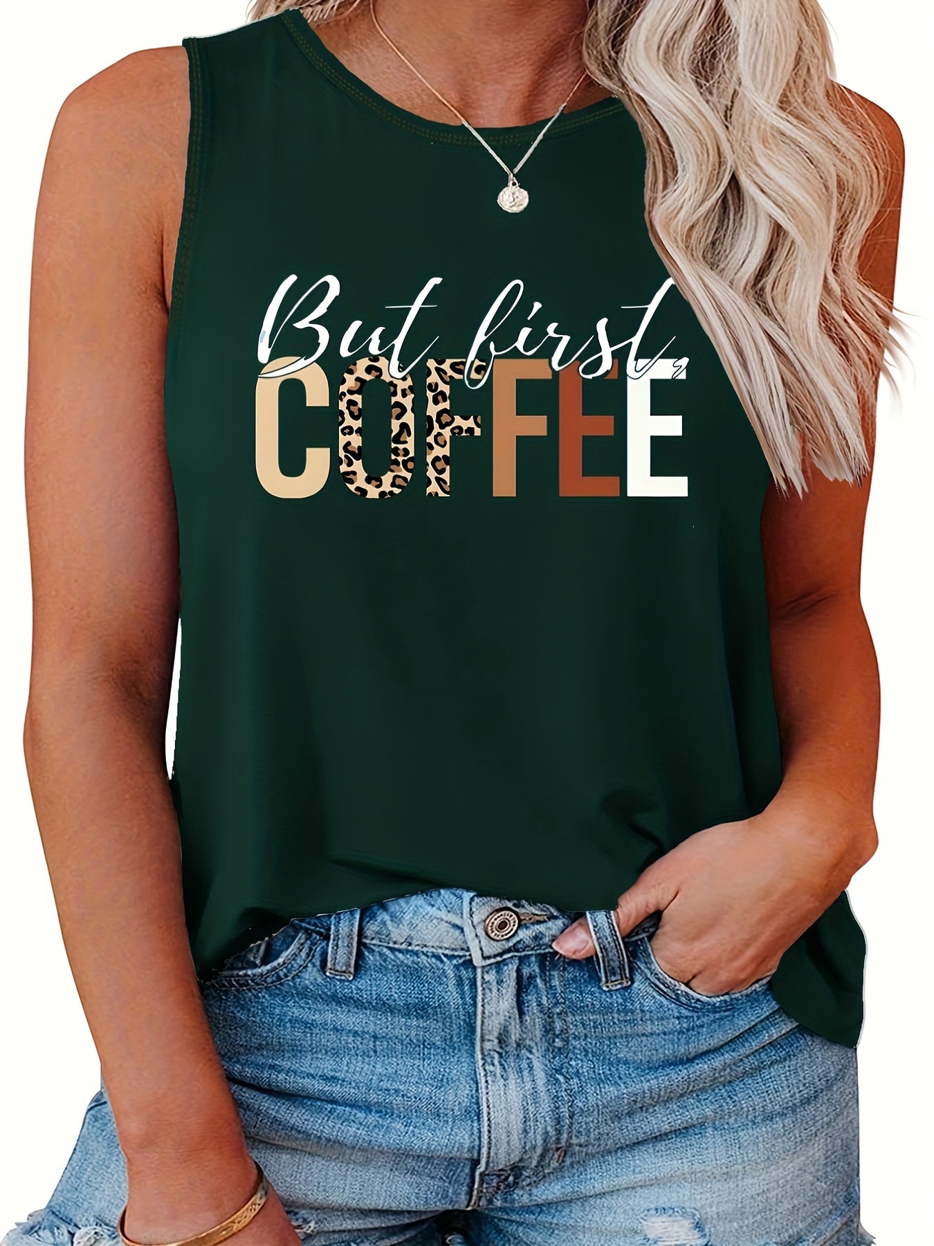  Women's Tank Top Slogan Print Round Neck Stretch Tank Top