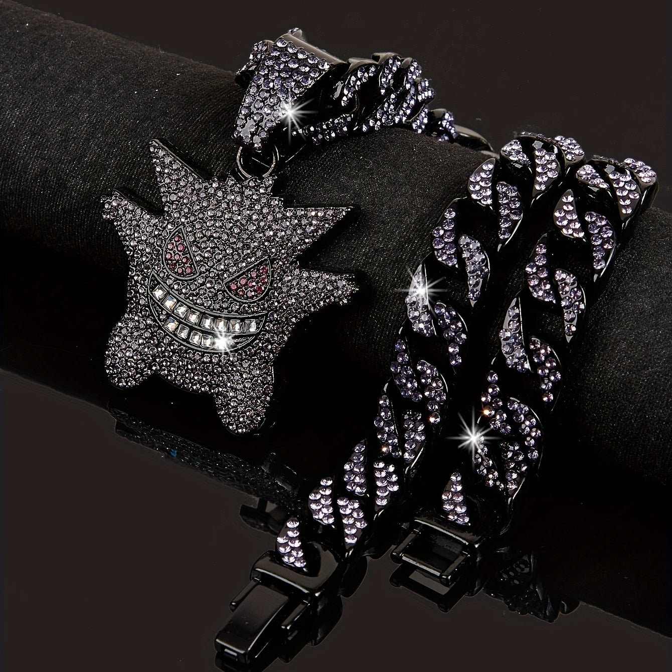 Women's Hip Hop Punk Ghost Pendant Necklace with Rhinestones Glitter Cuban Chain