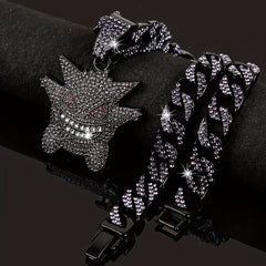 Women's Hip Hop Punk Ghost Pendant Necklace with Rhinestones Glitter Cuban Chain