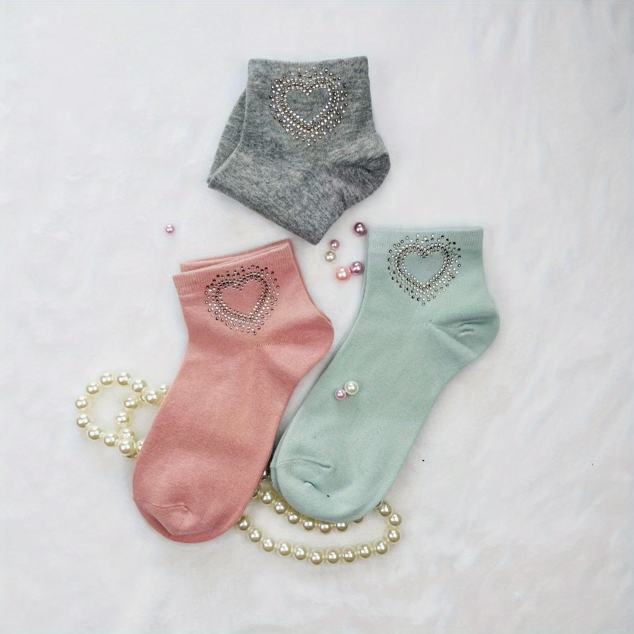 5 Pairs Heart Rhinestone Socks Comfy & Breathable Women's Stockings
