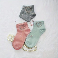 5 Pairs Heart Rhinestone Socks Comfy & Breathable Women's Stockings