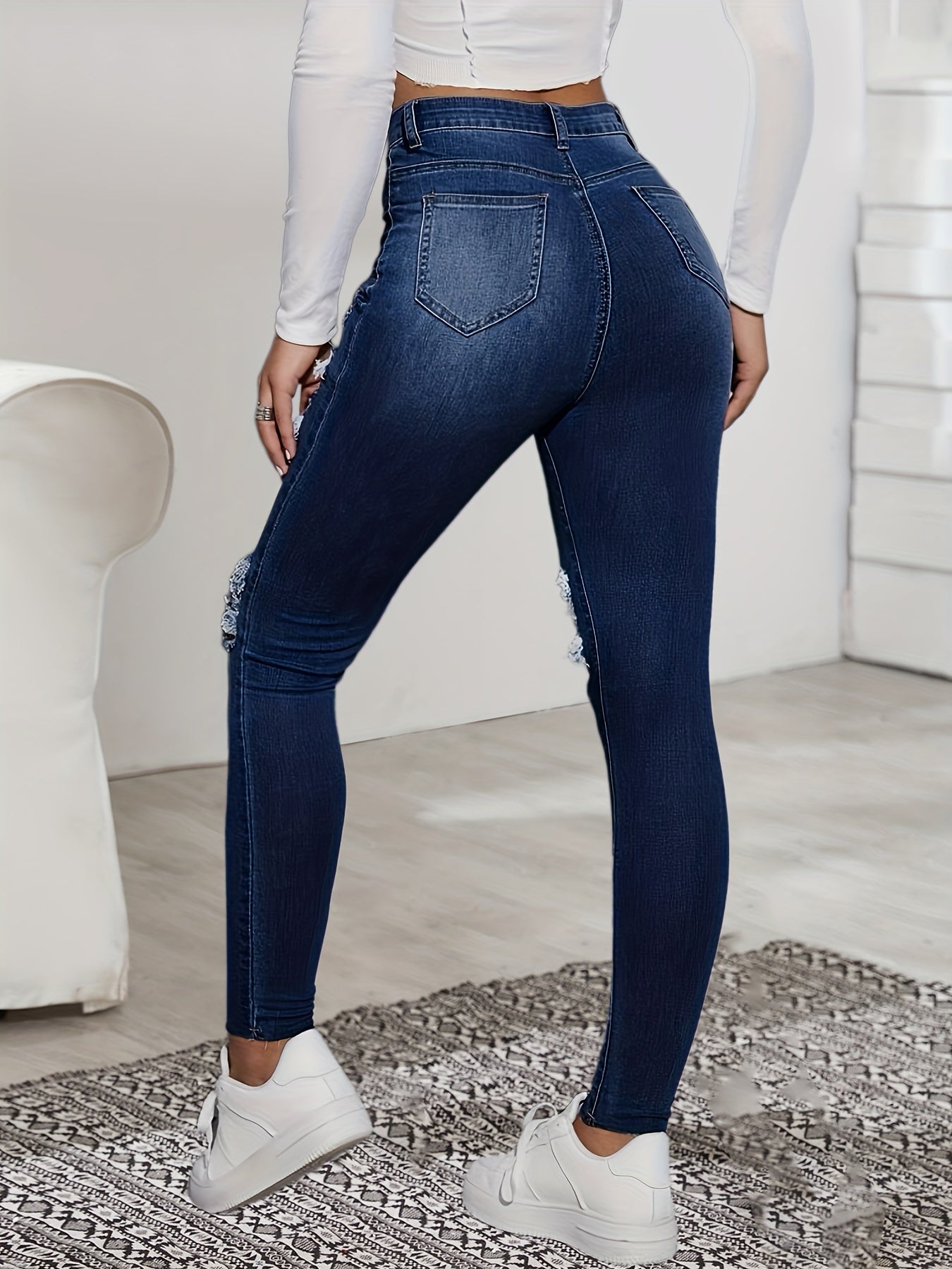 High Rise Distressed Skinny Jeans Slim Fit Denim Pants