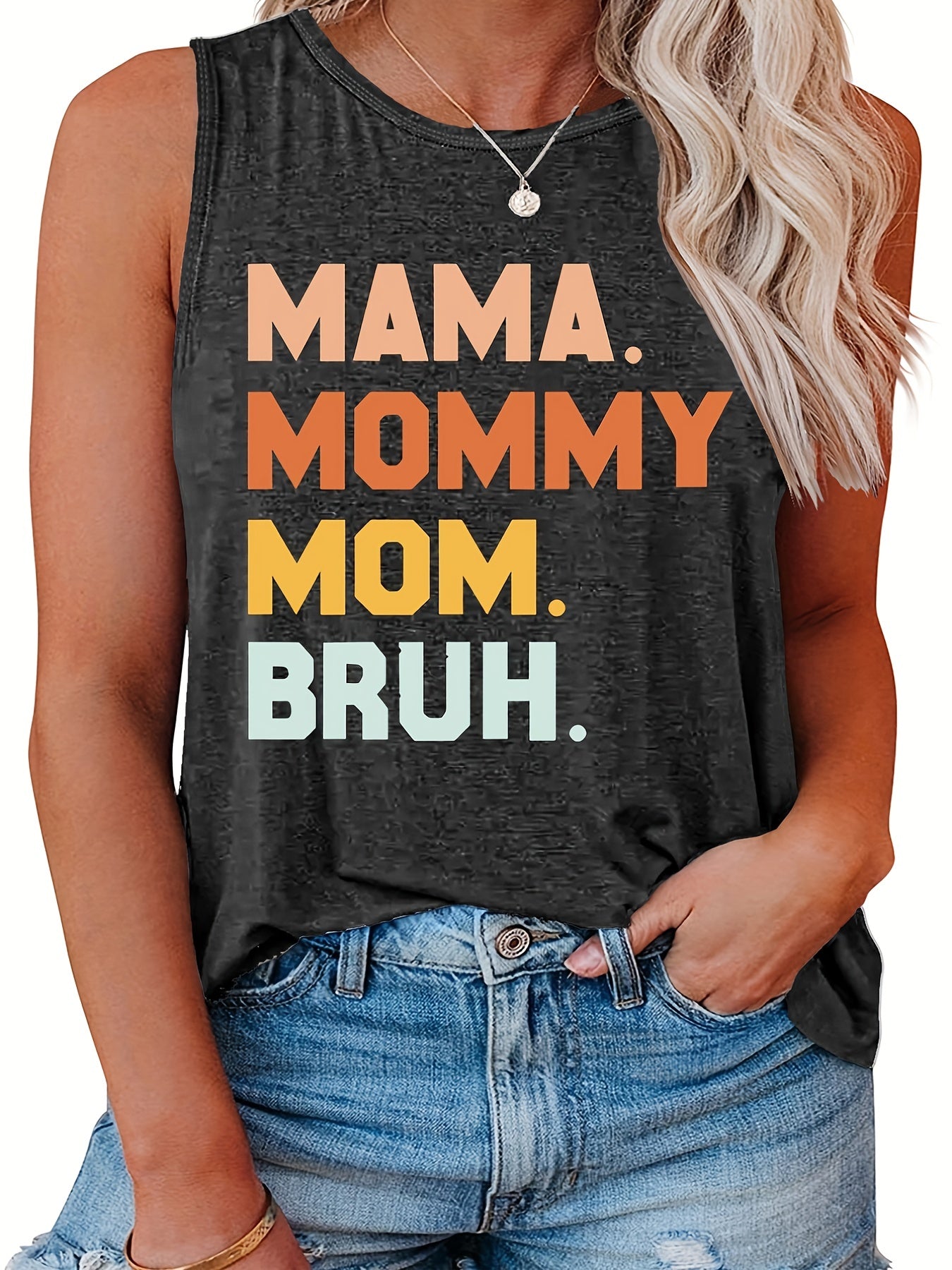 Casual Family Tank Top Women's Plus Slogan Print Round Neck