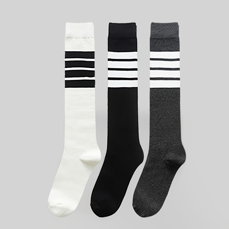 3 Pairs Striped Calf Knee High Socks Women's Stockings & Hosiery