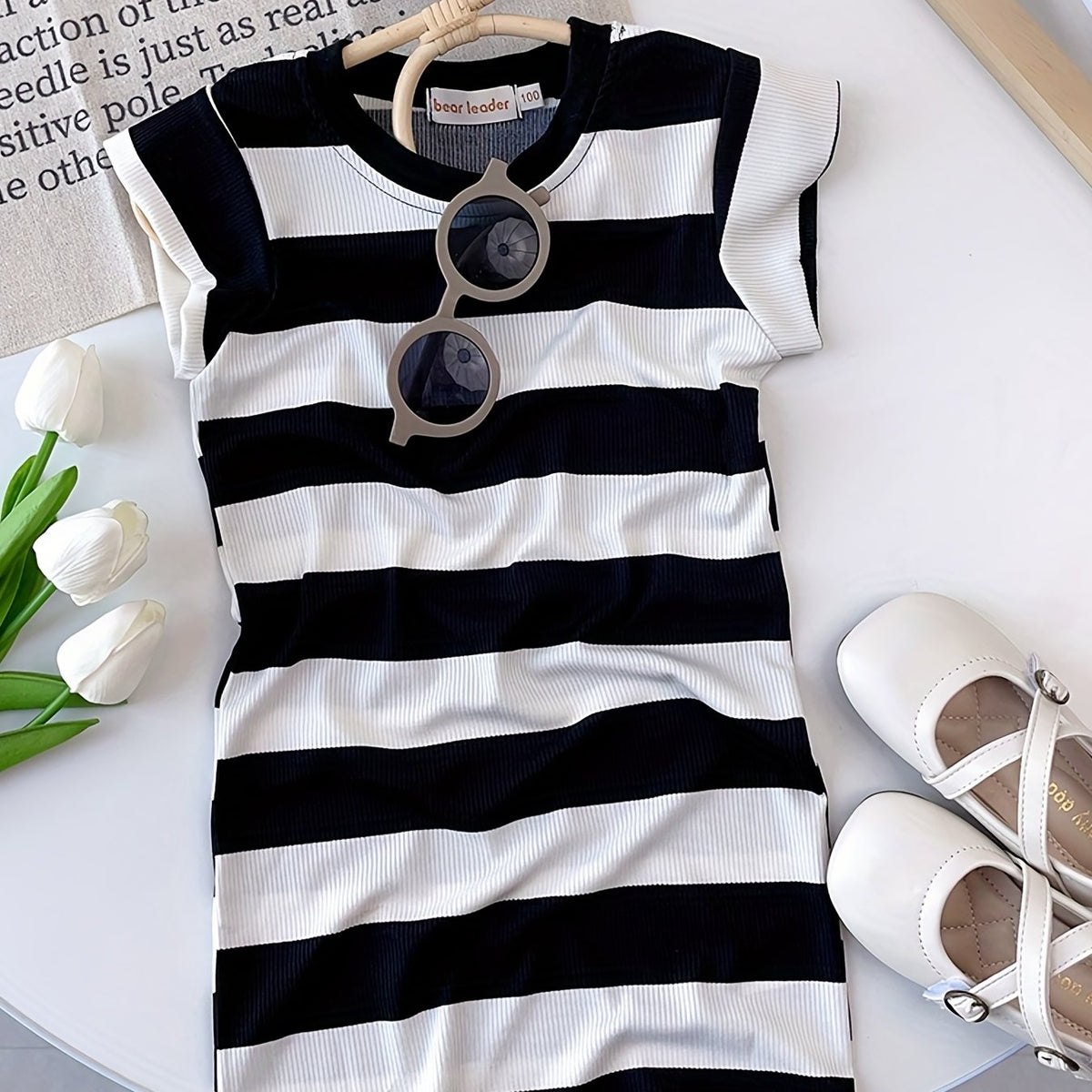 Girls' Striped Print Sleeveless Dress Slim Fit