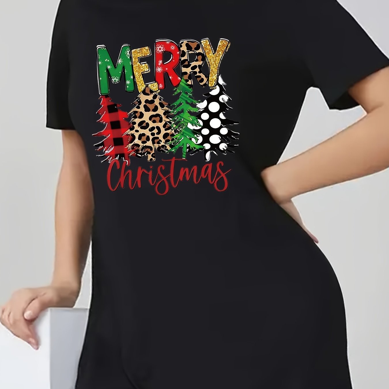  Christmas Casual Dress Women's Plus Slogan & Tree Print Tee Dress