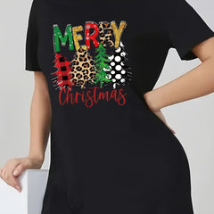  Christmas Casual Dress Women's Plus Slogan & Tree Print Tee Dress