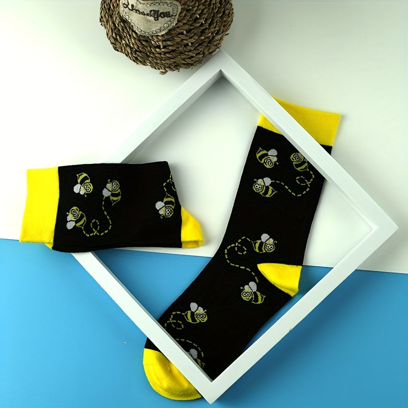 2 Pairs Cartoon Bees Print Socks Comfy Mid Tube Socks Women Stockings