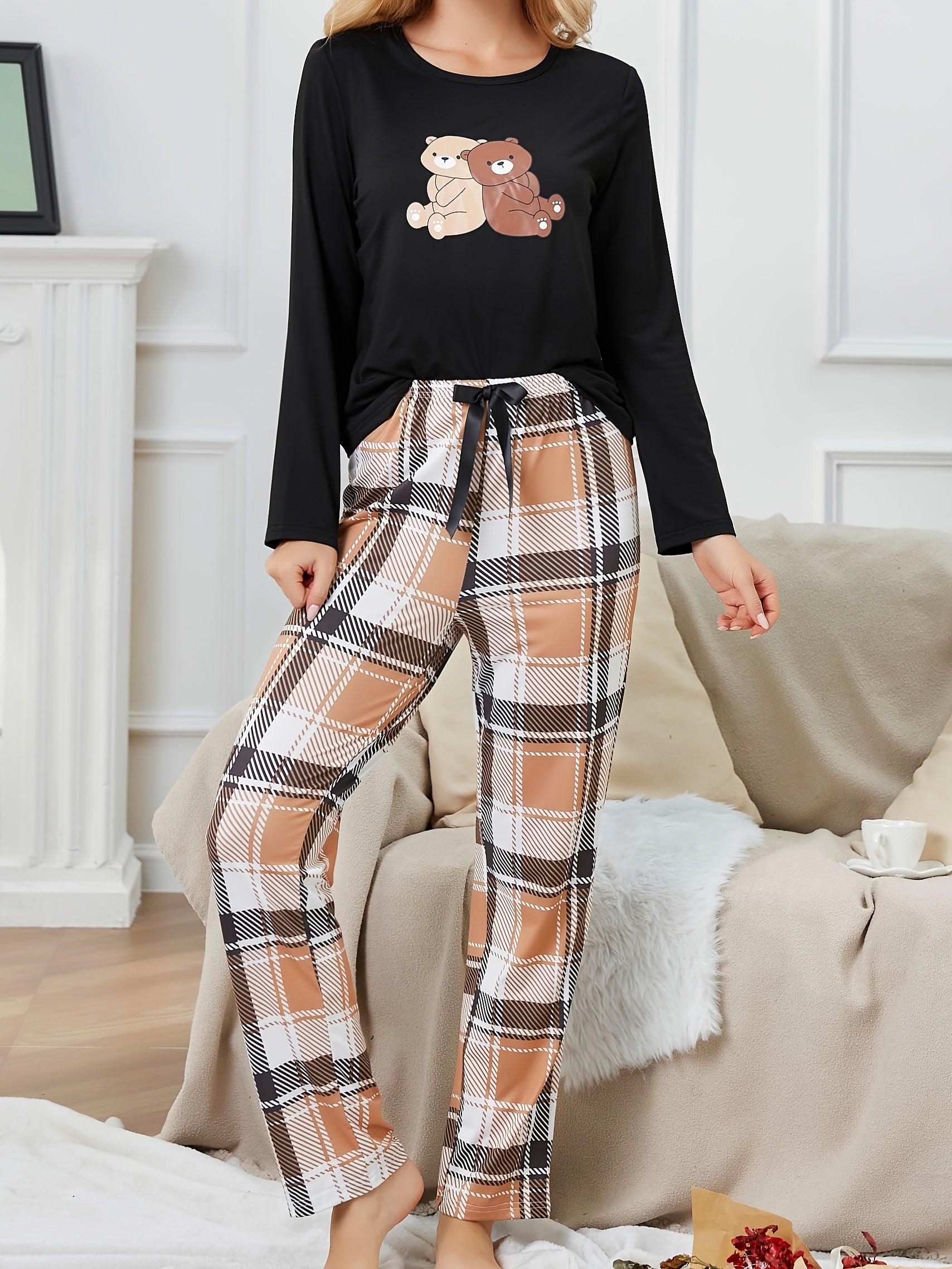 Bear Print Pajama Set Long Sleeve Top & Plaid Pants