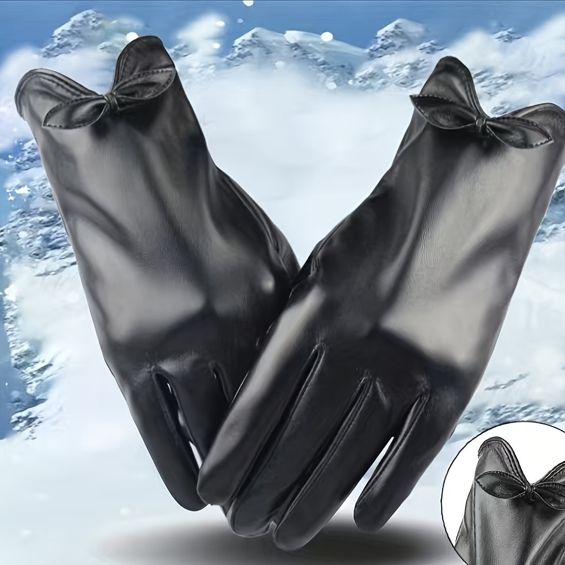 Solid Bow PU Gloves Warm Outdoor Coldproof Gloves