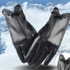 Solid Bow PU Gloves Warm Outdoor Coldproof Gloves