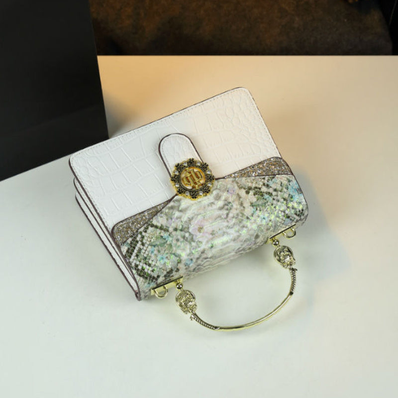 Vintage Leather Handbag Snake Print Shoulder Bag with Wristlet