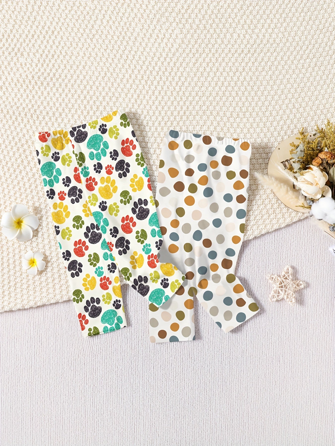 Polka Dot & Claw Print Leggings 2pcs Set For Baby Girls