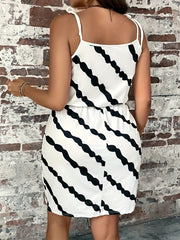  Women's Stripe Print Tie Shoulder Round Neck Cami Dress