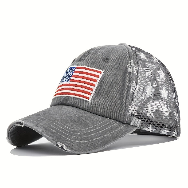 Pentagram Print Ponytail Baseball Cap Flag Embroidery Mesh