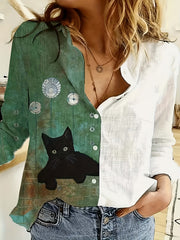  Colorblock Cat Print Button Up Long Sleeve Blouse