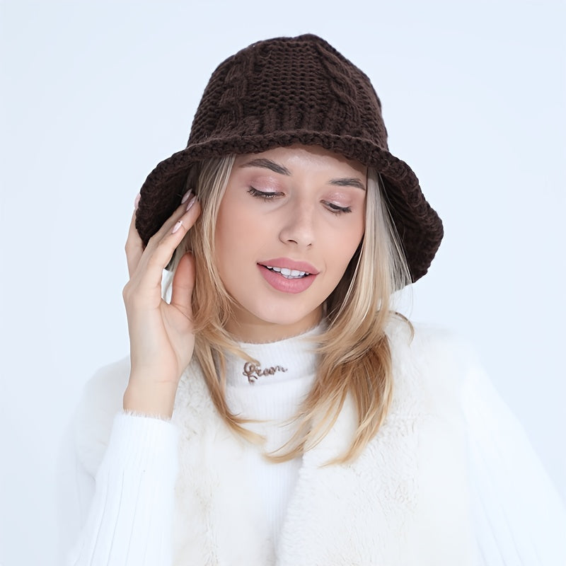 Cable Pattern Coldproof Thermal Women Knit Bucket Hat