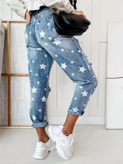  Star Print Ripped High Rise Tapered Leg Jeans