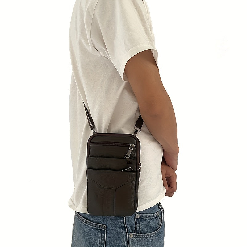 Men's Diagonal Mobile Phone Leather Waist Bag Double Zipper