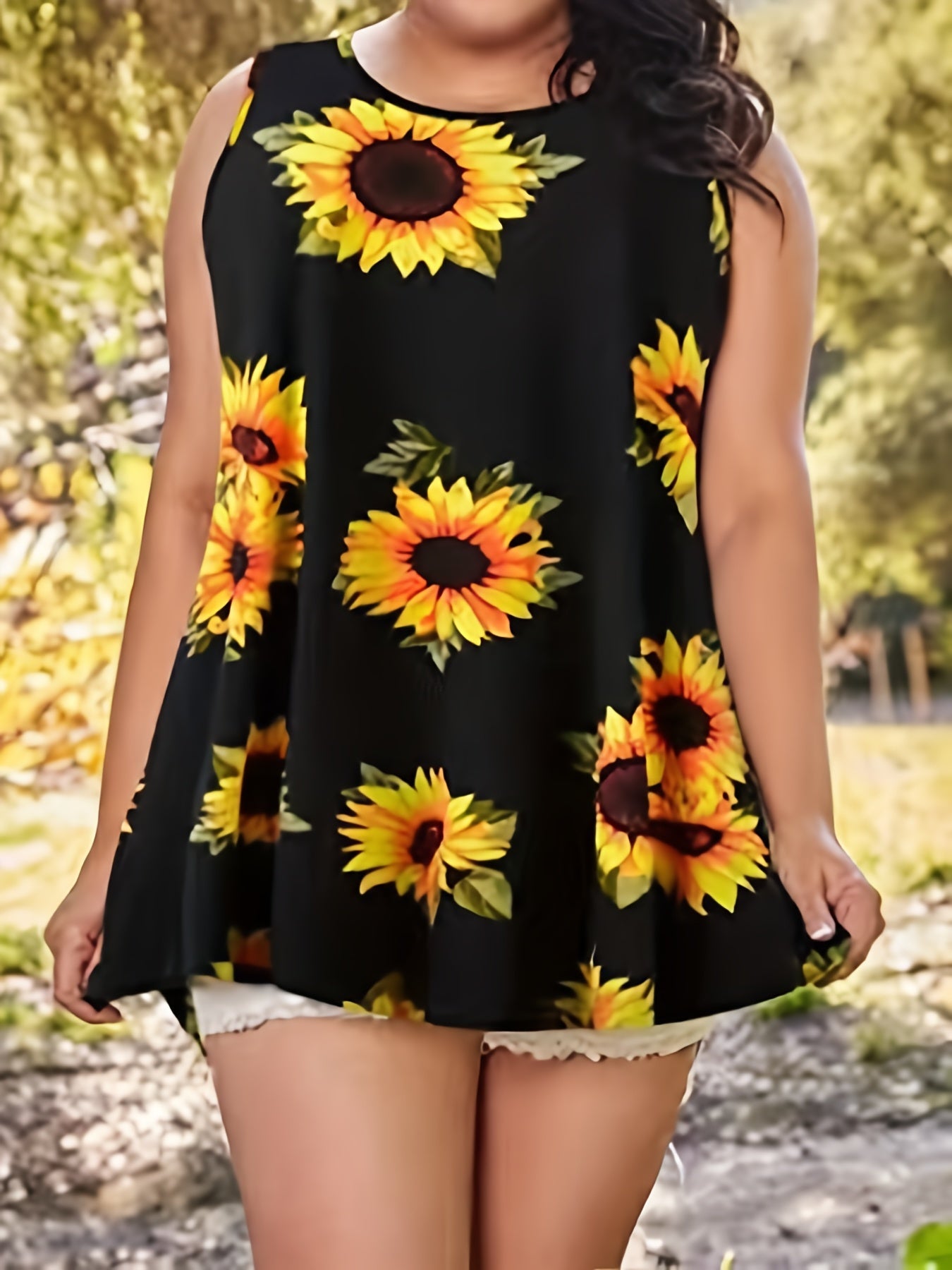  Sunflower Print Round Neck Tank Top