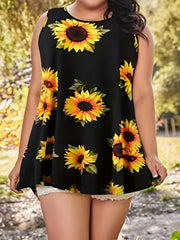  Sunflower Print Round Neck Tank Top