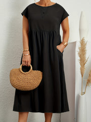  Casual Dress Solid Round Neck Cap Sleeve Midi Dress With Pockets