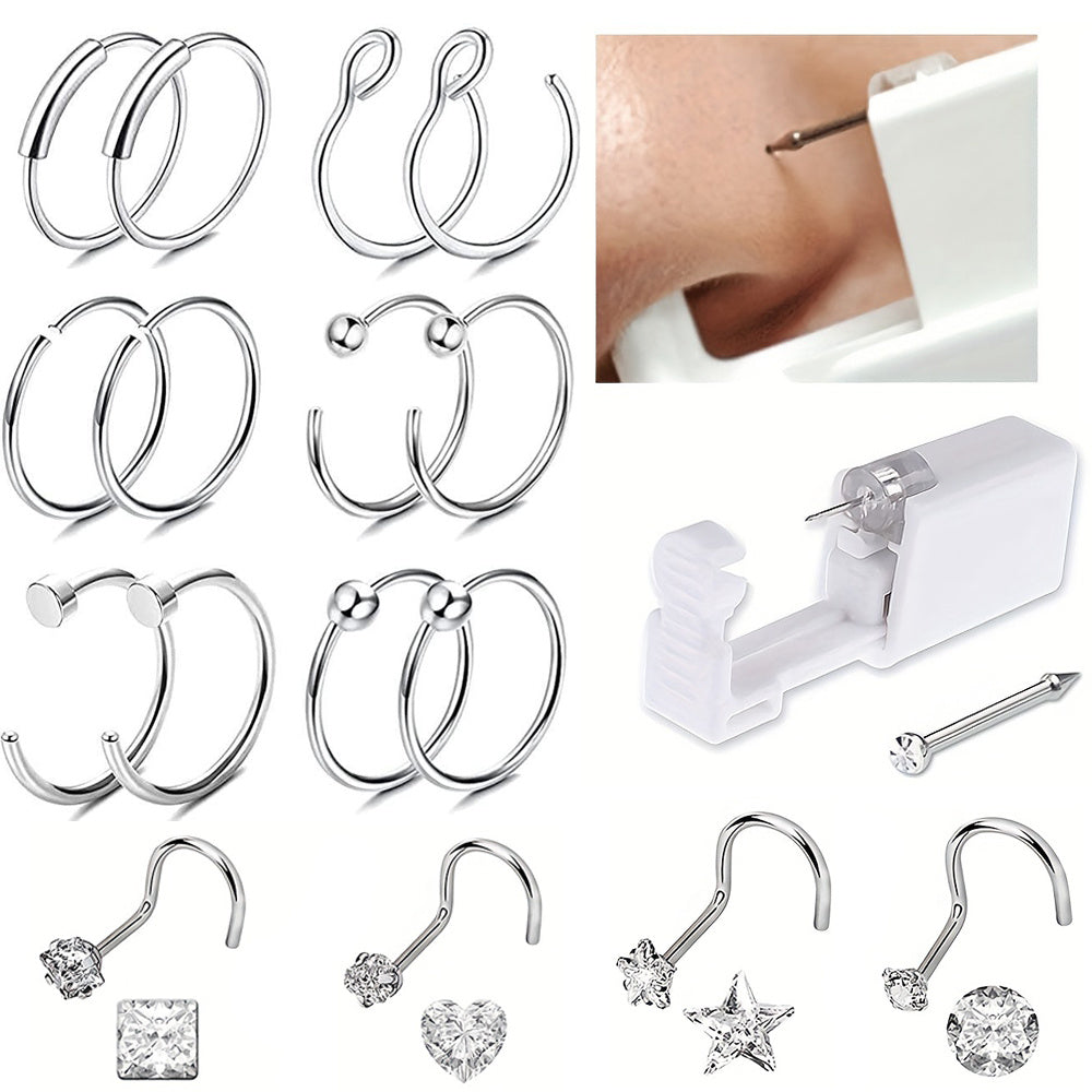 11PCS Nose Piercing Gun Disposable Safety Kit w/Nose Rings Studs