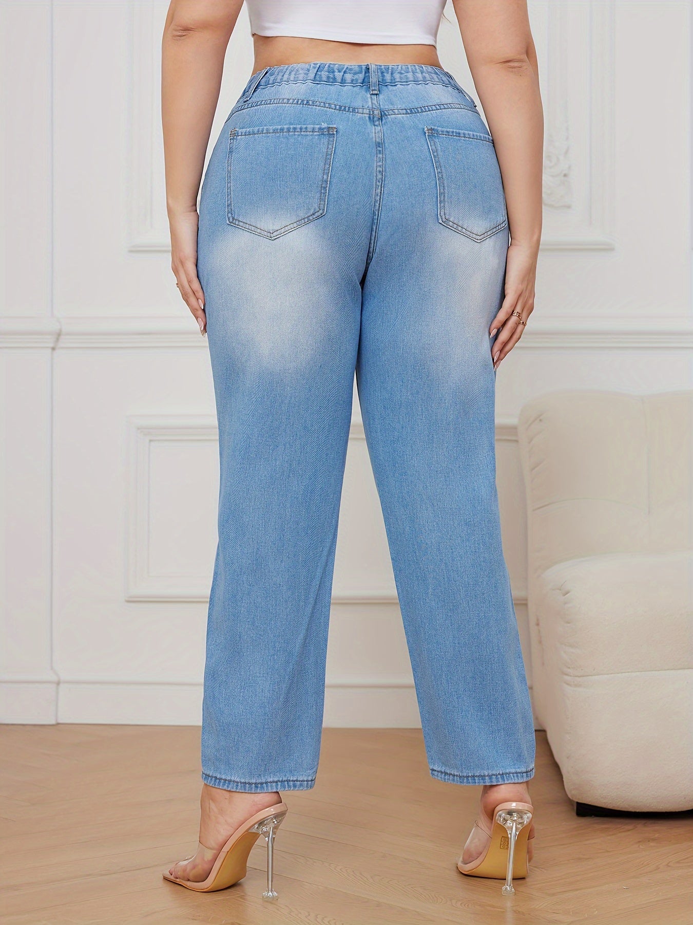  Ripped Button Fly High Waisted Washed Jeans