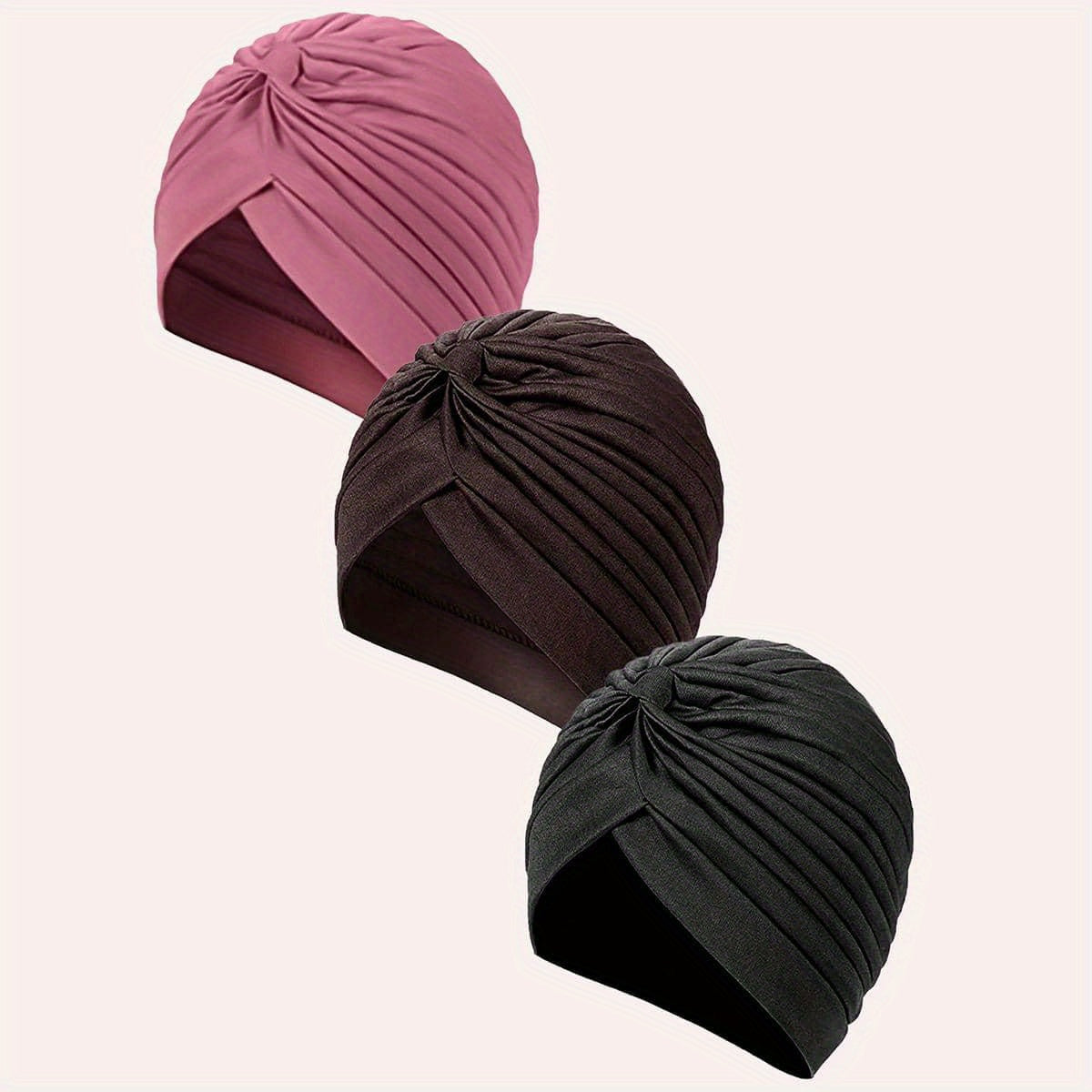 3pcs Pleated Turban Cap Solid Head Wraps Women Ramadan Hijab Chemo Hats