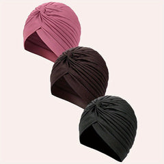 3pcs Pleated Turban Cap Solid Head Wraps Women Ramadan Hijab Chemo Hats