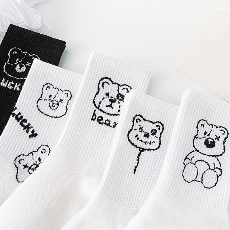 5 Pairs Cartoon Bear Print Comfy Socks Women's Stockings & Hosiery