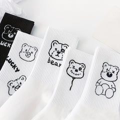 5 Pairs Cartoon Bear Print Comfy Socks Women's Stockings & Hosiery