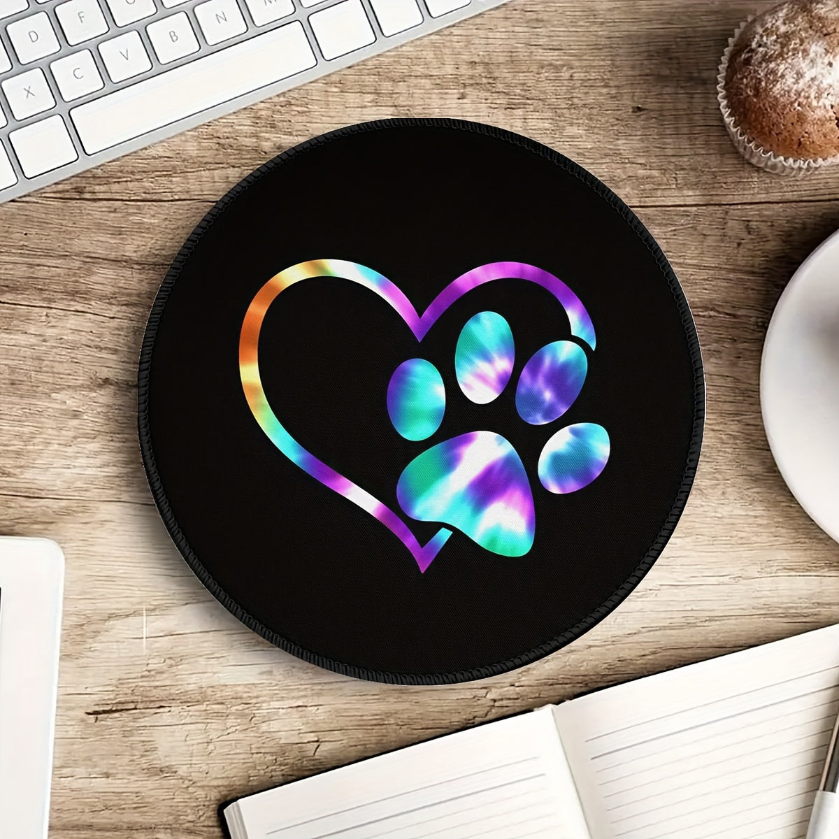 Galaxy Paw & Heart Pattern Round Mouse Pad Non Slip Rubber Base Mousepad