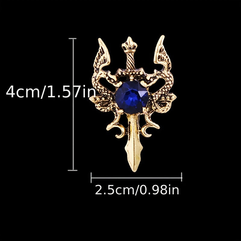 Men's Retro Shuanglong Sword Brooch Domineering Gem Crystal Suit Corsage