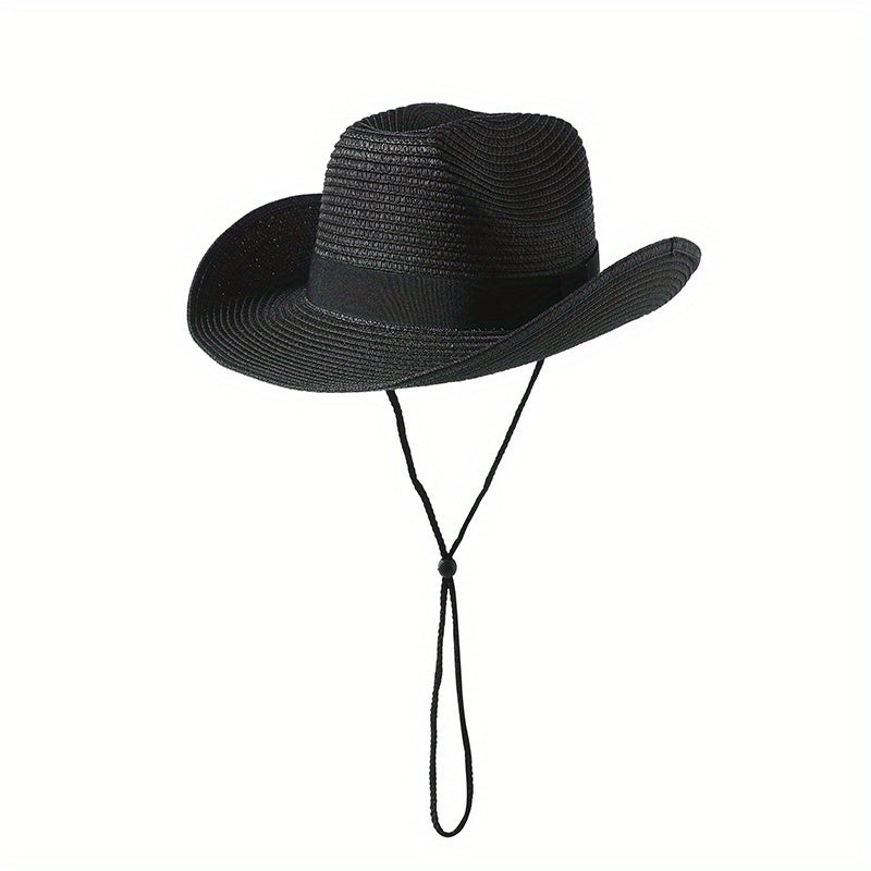 Unisex Western Cowboy Straw Hat Rolled Brim Sunscreen Sun Hat