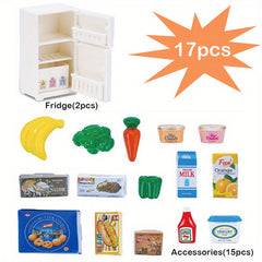 17pcs Mini Refrigerator Toys for Kids Dollhouse Kitchen Play
