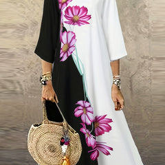  Boho Dress Colorblock Floral Print Half Sleeve Maxi Dress