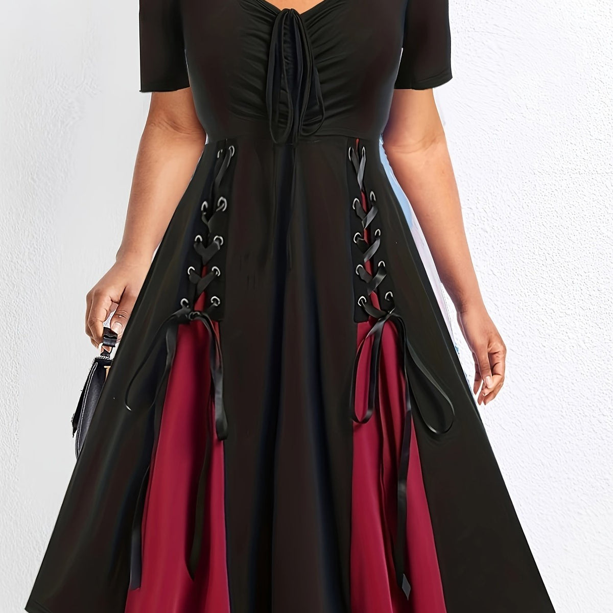  Colorblock Sweetheart Neck Lace Up A line Dress