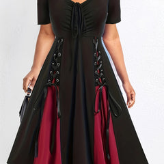  Colorblock Sweetheart Neck Lace Up A line Dress