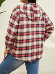  Plaid Print Hooded Drawstring Shirt