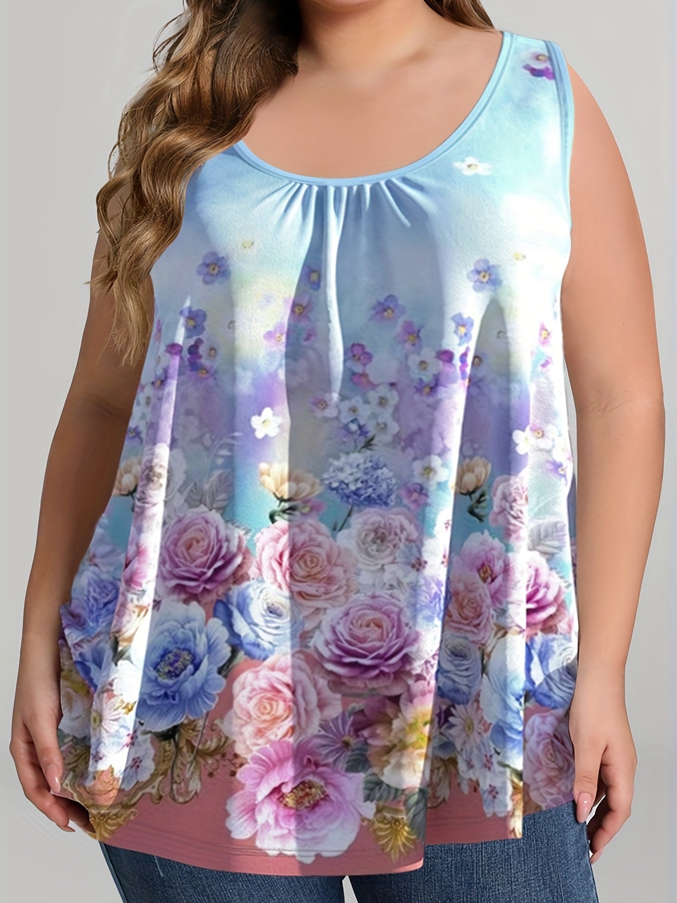  Floral Print Tank Top Round Neck Med Stretch