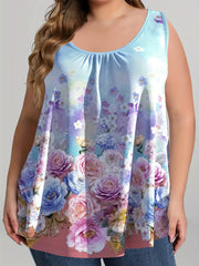  Floral Print Tank Top Round Neck Med Stretch