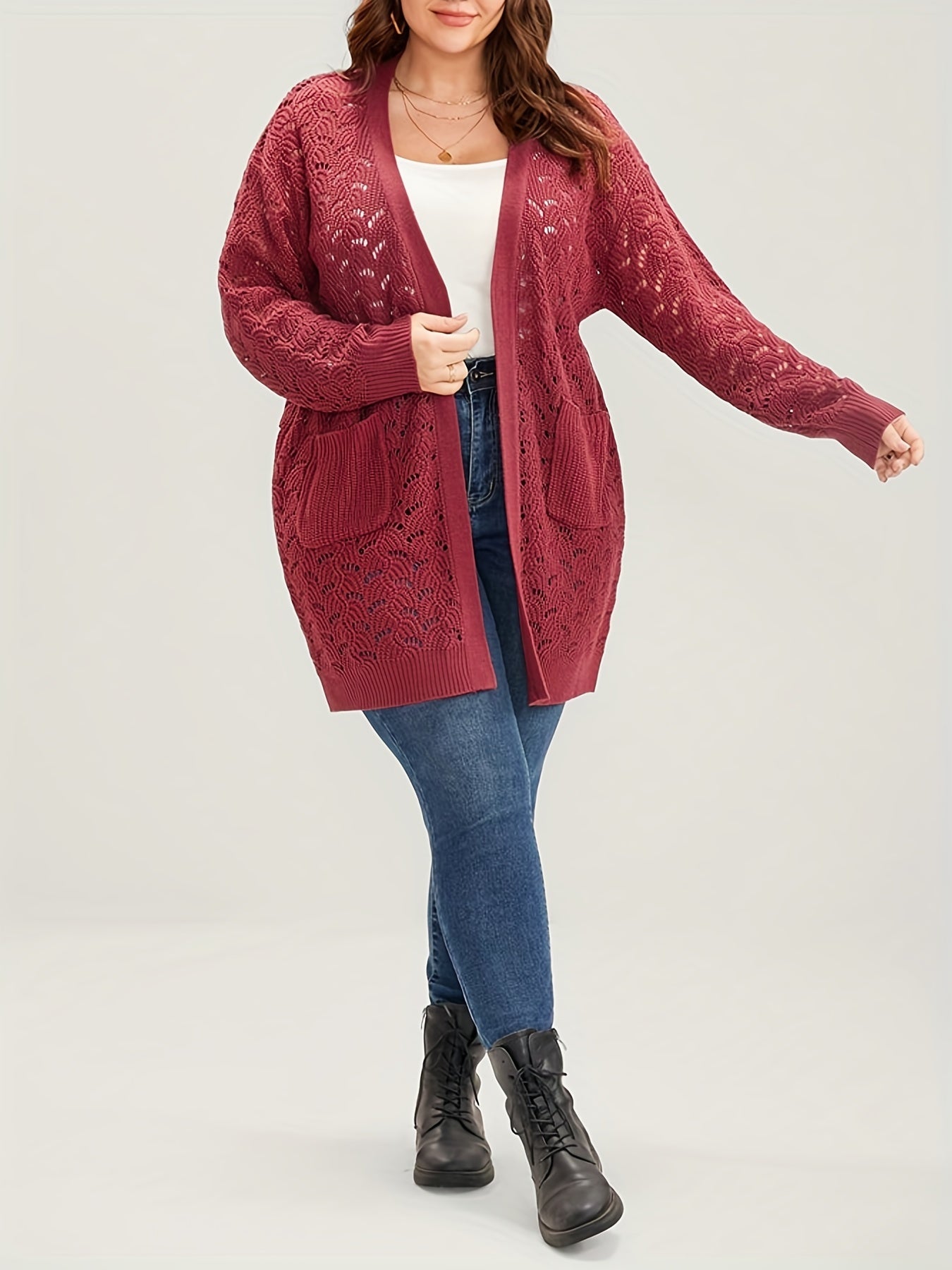  Casual Cardigan Women's Plus Hollow Knitted Long Sleeve Open Front Swe