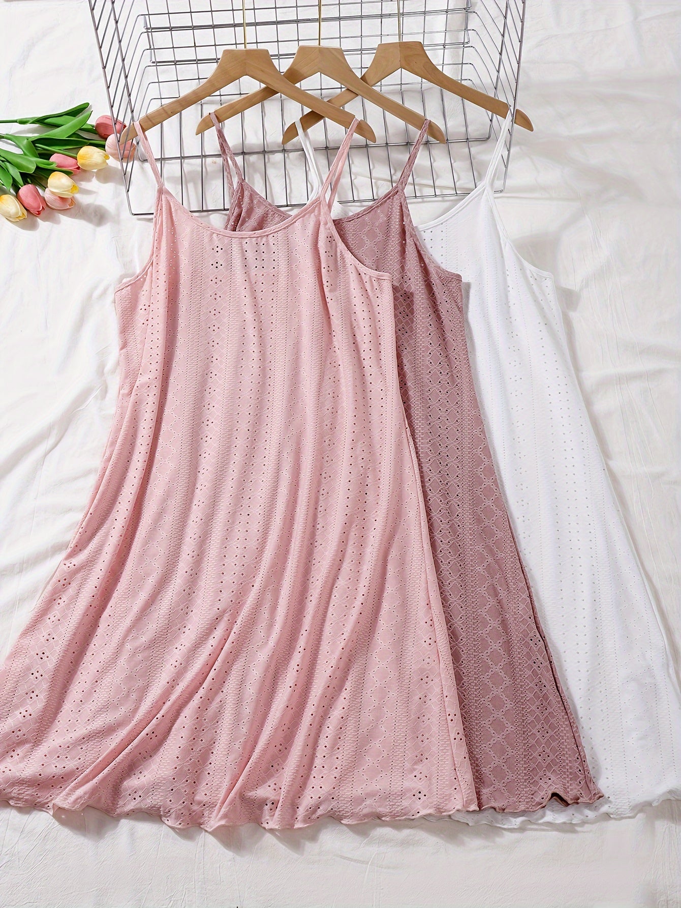 3 Pcs Eyelet Embroidered Lounge Dresses Crew Neck Home Dress